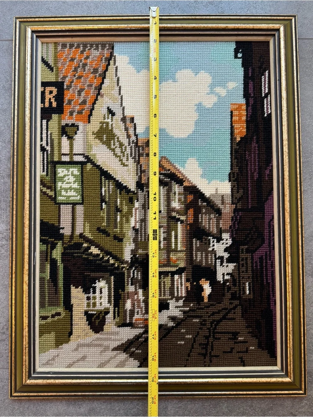 Vintage Needlepoint Street Scene Wall Art in Blue, Green, Brown